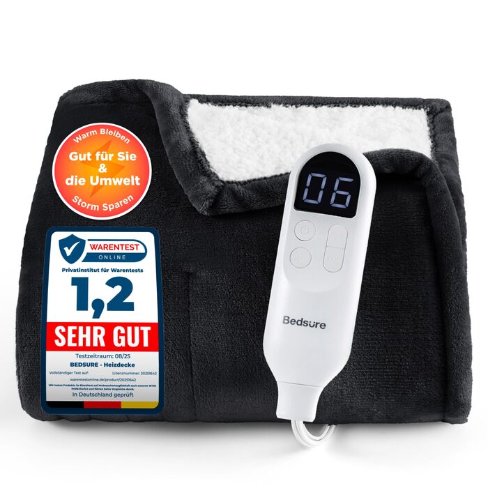 Електрична ковдра BEDSURE з автовимкненням, 130x180 см, сіра (180 x 200 см, чорна)