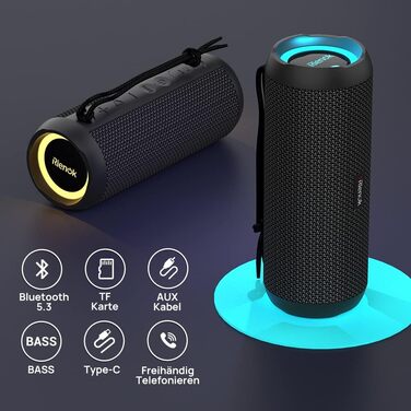 Портативна Bluetooth колонка RIENOK з підсвічуванням, IPX7, 3600 mAh, чорна