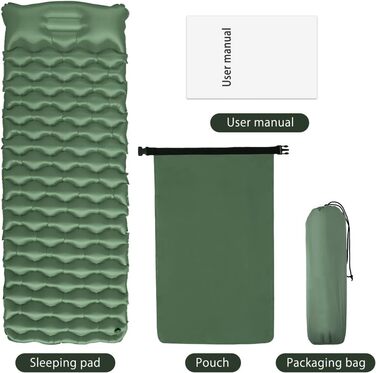 Isomatte Camping Ultralight Inflatable Sleeping Pad with Pillow - Waterproof Folding Air Mattress for Camping, Hiking, Travel & Backpacking (Green)