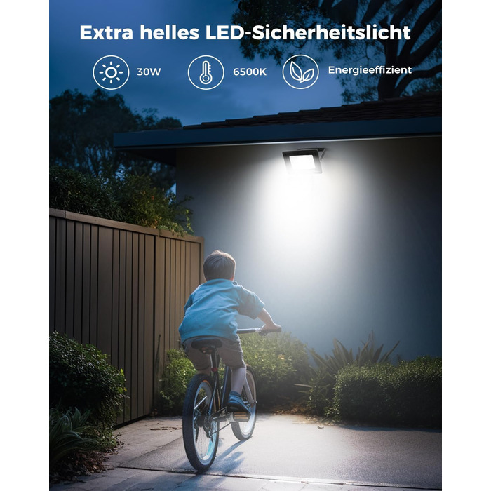 LED прожектор з датчиком руху для вулиці, 30Вт, суперяскравий, з пультом, водонепроникний IP66, 6500K холодне світло, для саду, гаража, двору, настінний, 2 шт.