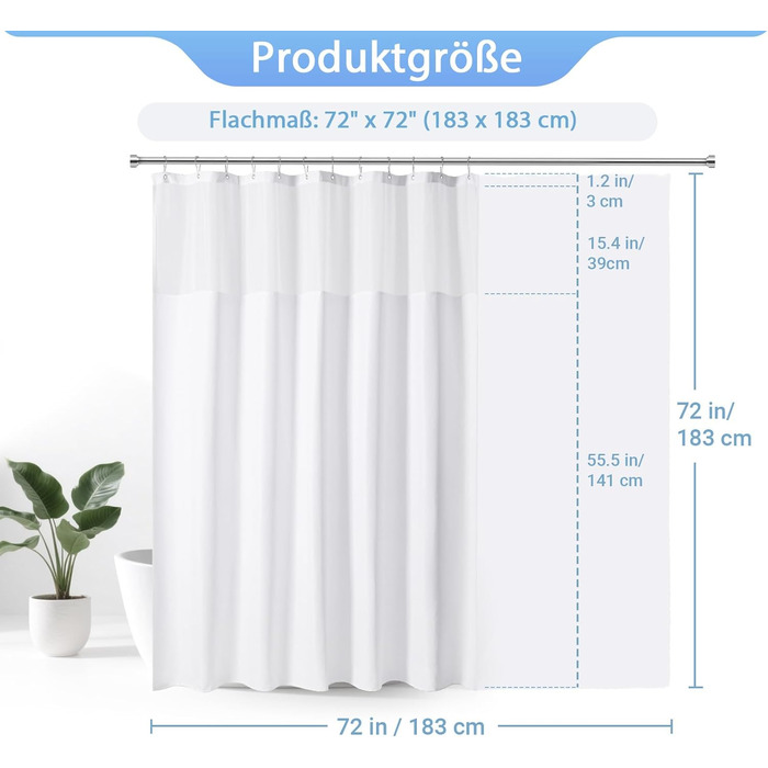 Водонепроникна штора для душу з льоном та вікном (183x183 см), біла - 12 гачків з нержавіючої сталі, утяжелений край, тканинна штора для ванни, машинне прання