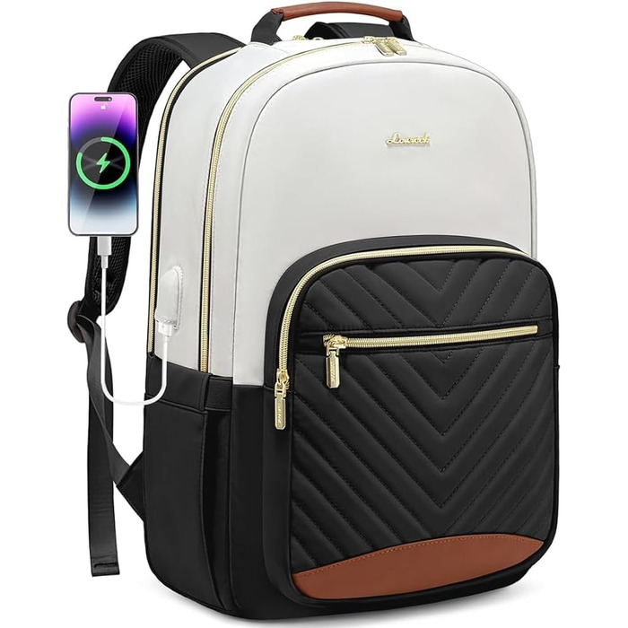 LOVEVOOK Рюкзак для жінок, великий, 15.6 дюймів, сумка для ноутбука, водонепроникний, шкільний рюкзак для дівчаток-підлітків, чорний, елегантний, сумка для роботи, для школи, університету, подорожей, 15.6 дюймів (15.6', Бежево-чорний-коричневий)