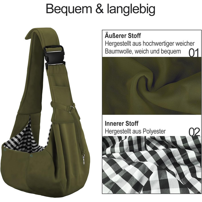 Сумка-переноска для собак PetLoft Tragetuch, реверсивна, для маленьких собак, регульована, з отвором для кріплення нашийника, для собак/кішок/кроликів (Хакі)