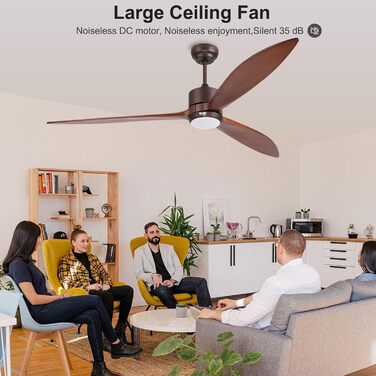 Стеляний вентилятор Reiga з підсвічуванням, 165 см, масивне дерево для зовнішнього використання IP44, диммована LED-лампа та DC-двигун, сумісний з Alexa & Google Home з пультом керування, дерев'яні лопаті, колір: коричневий