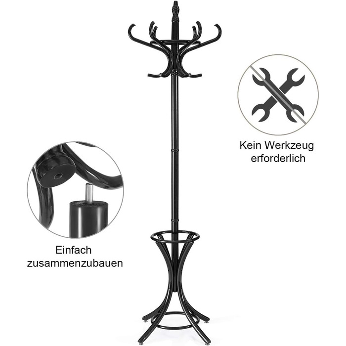 GIANTEX Coat Rack with Umbrella Stand, Clothes Rack Wood with 12 Clothes Hooks, Coat Tree Wood Freestanding, Standing Coat Rack for Entryway Living Room (white) (black)