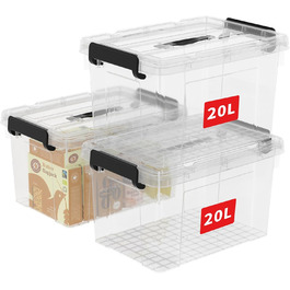 Cetomo Storage Boxes, Portable Plastic Boxes with Lids, Organizer Containers with Handles and Clips, Stackable, Nesting, for Home and Office, Transparent, 90L-3 Pack (20L*3)