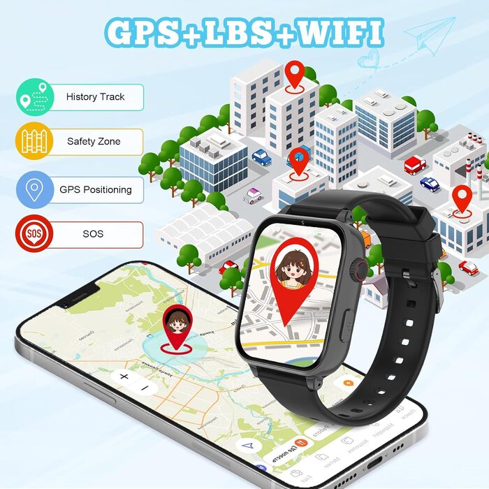 Дитячий розумний годинник GPS з телефоном та 4G, чорний: відеодзвінки, чат, шкільний режим, ігри, калькулятор, крокомір