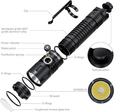 Wurkkos TD04 tactical flashlight 3000LM LED flashlight USB rechargeable, Torch light extremely bright LED flashlight with tactical switch, EDC flashlight 8 modes IP68 waterproof light camping