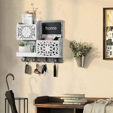 Дерев'яний ключниця з полицею на стіну, органайзер для ключів з 2 відсіками для листів, крейдяною дошкою та 8 гачками, вінтажний білий
