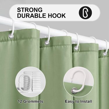 Завіса для душу 180x180 см, водонепроникна, антигрибкова, з кільцями (зелена)