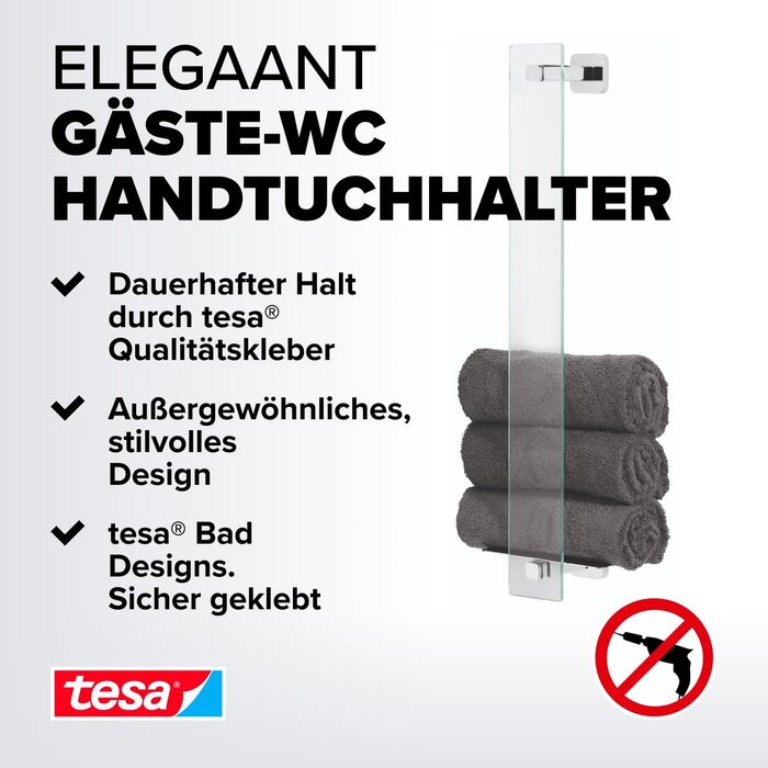tesa ELEGAANT Towel Rail for Guest WC, including adhesive solution, elegant design, metal, chrome-plated, guaranteed rust-free, 180mm x 668mm x 128mm