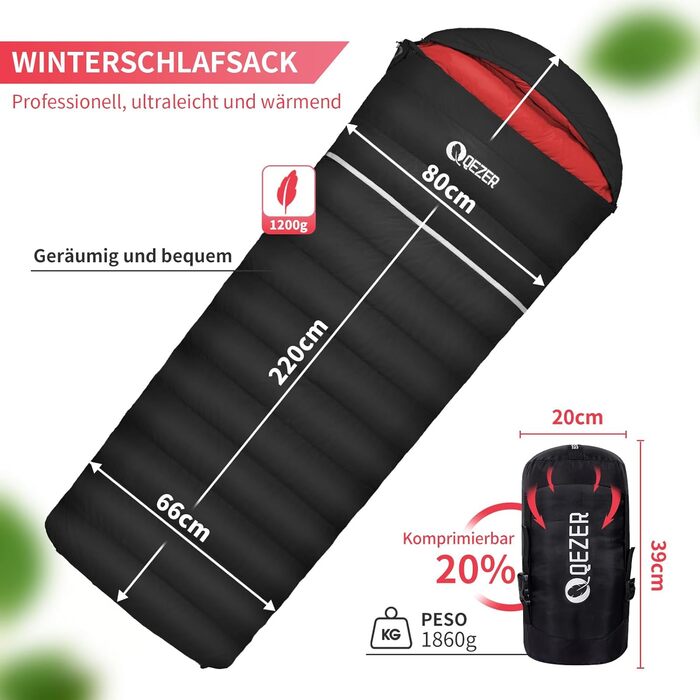 Спальний мішок пуховий, 4-сезонний, зимовий -3°C до -20°C. Підходить для кемпінгу, піших прогулянок та відпочинку на природі для дорослих та дітей. Чорний, температурний режим -3°C до -12°C