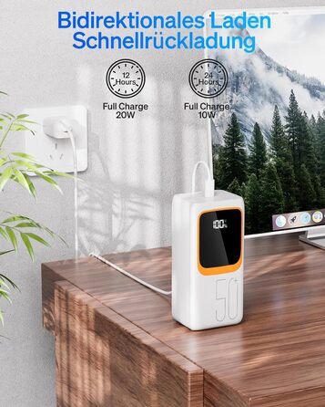 Портативний зарядний пристрій Power Bank 50000mAh з інтегрованим кабелем: швидка зарядка 22,5W, велика ємність, LED-ліхтарик, 7 виходів & 3 входи, 2x25000mAh, білий