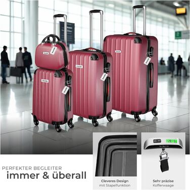Набір валіз Tectake® 4 шт. з ваговою та ідентифікатором, 360° колеса, жорсткий корпус із замком, велика валіза, вкладна, ручна валіза - Бордовий