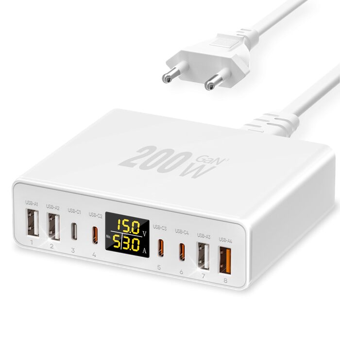 Зарядний пристрій USB-C багатопортовий 8 портів 200W GAN YSYFAD з LED індикатором, PD PPS Type-C, QC3.0, швидка зарядка для iPhone, iPad, MacBook, ноутбуків, білий