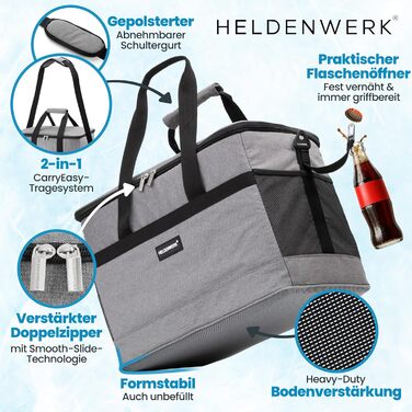 Термосумка HELDENWERK 40L з 7 відділеннями – велика, складна, для пікніка, ланчу, виїздів, сірого кольору, 12 годин охолодження, витримує 40L, з посиленим дном