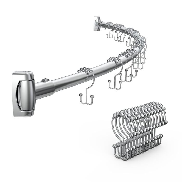 Регульована вигнута штанга для душу 107-182 см з 12 кільцями для душу - для ванної, гардеробу, кухні. Легка установка, хром.