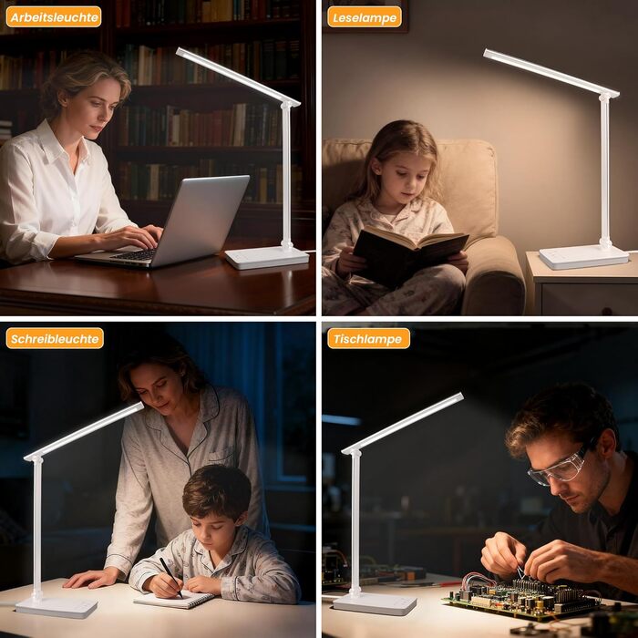 LED лампа для столу Akynite з регулюванням яскравості, USB, 2A адаптер, 5 кольорів, 10 рівнів яскравості, таймер, сенсорне управління, для дітей, білий