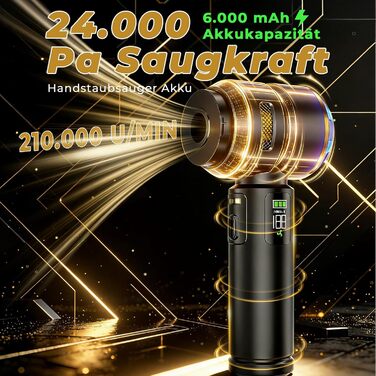 Автомобільний пилосос HOVIN акумуляторний 24000PA, портативний, чорно-золотий - для авто, кухні, дивана