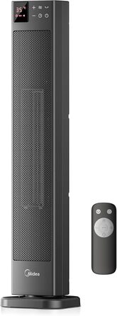 Електричний обігрівач Midea Ceramic 2000W з термостатом, 3 режими, таймер 24 год, захист від перегріву та перекидання, миттєве тепло для офісу та спальні (сірий, 76 см)