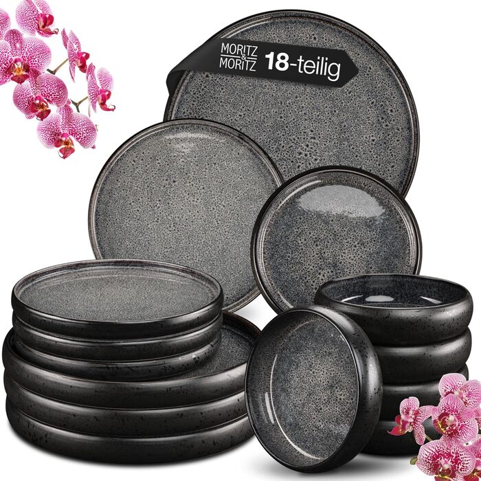 Набір посуду Moritz & Moritz Massives: 18 предметів для 6 осіб - елегантні тарілки та миски з кераміки, антрацит, сумісний з мийною машиною та мікрохвильовкою