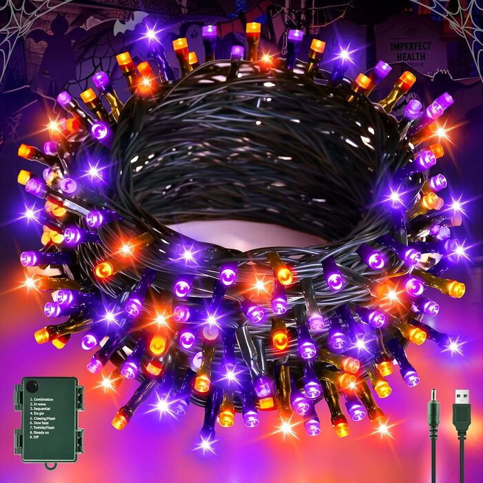 Гірлянда декоративна Halloween на 6 метрів, 60 LED, оранжево-фіолетова, USB/батарейки, таймер, вологостійка, для дому та саду