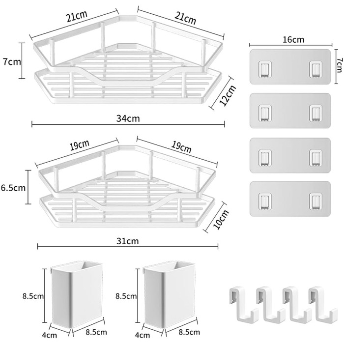 Поличка для душу без свердління, кутова, 2 шт., органайзер для ванної кімнати з 4 гачками, чорна. (B-weiß)