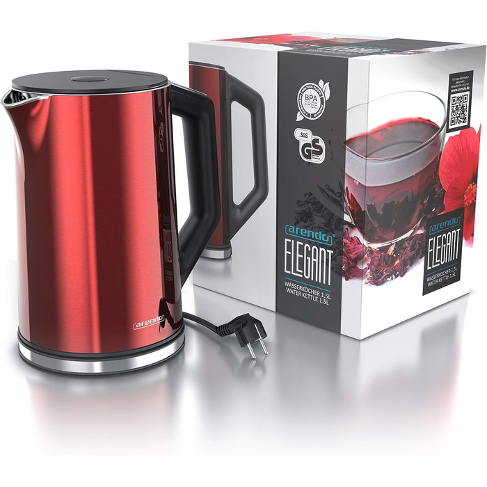 Електричний чайник Arendo з регулюванням температури 40-100°C, 1,5 л, 2200 Вт, модель ELEGANT, червоний