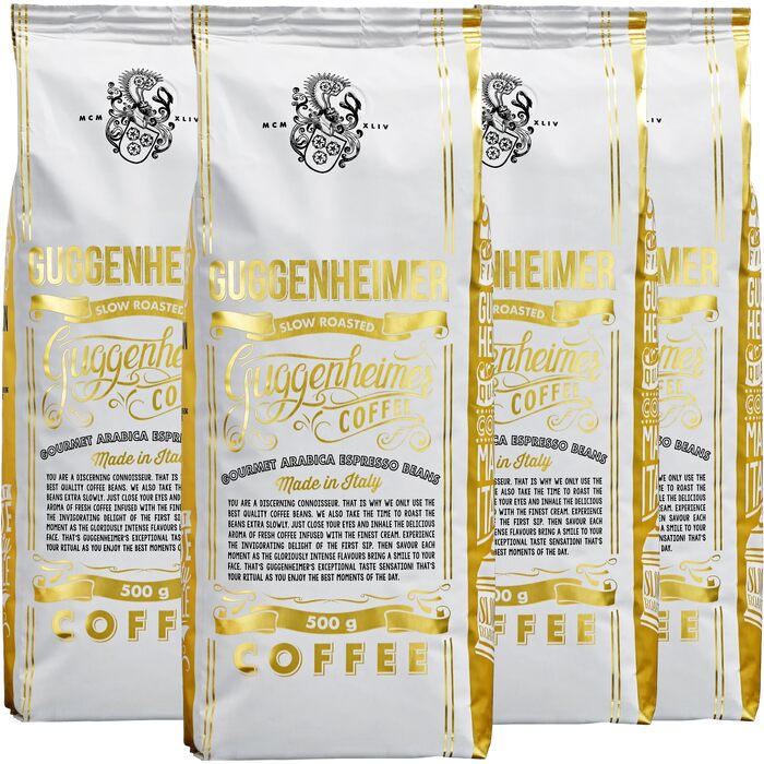 Кава в зернах GUGGENHEIMER COFFEE Gourmet Arabica, 2 кг (4 x 500 г) — преміум еспресо для автоматичних кавомашин, низька кислотність, горішно-фруктовий смак
