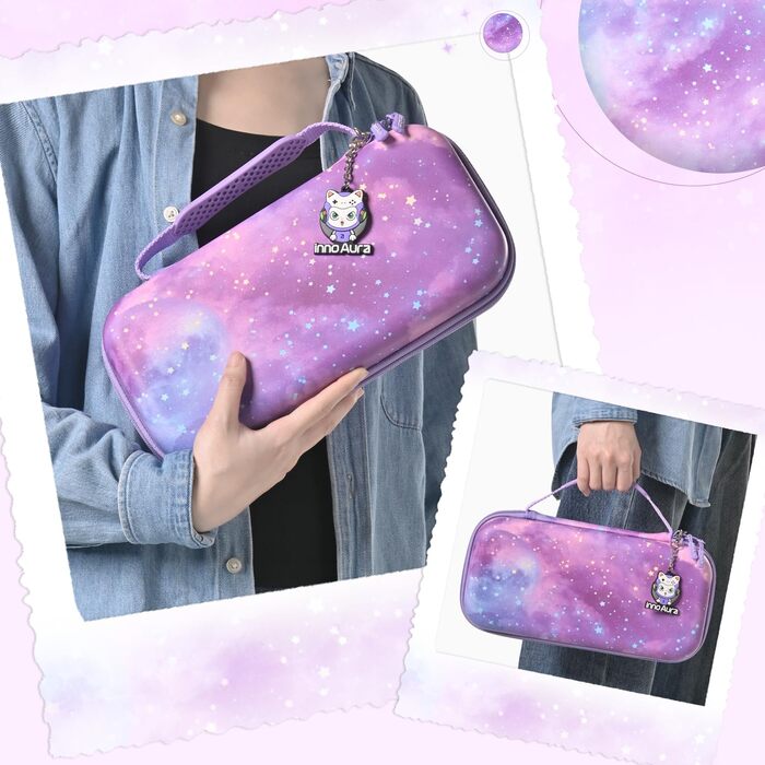 Чохол для Nintendo Switch 2 innoAura Switch 2 Tasche, фіолетовий (Galaxy Lila Violett), водовідштовхувальний, з амортизацією, відділенням для AirTag та великою сітчастою кишенею