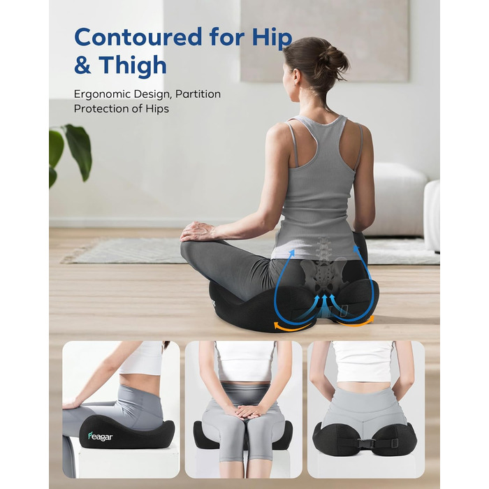 Ортопедична подушка для сидіння Feagar з memory foam - ергономічна подушка для офісного крісла, авто та дому - для полегшення болю в куприку при тривалому сидінні, неслизька (до 100 кг)