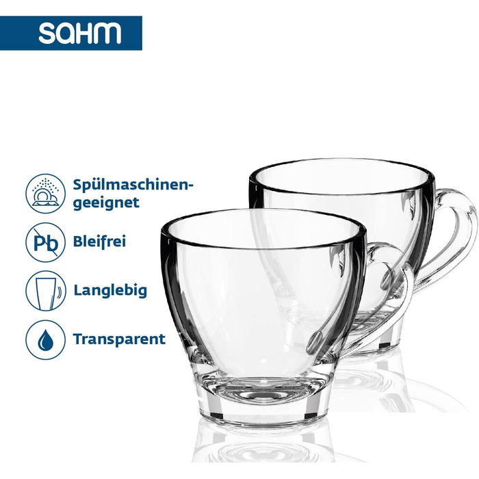 Sahm Cappuccino Glasses with Handles Set (6 PCS) - 180ml Cappuccino Cups Set - Dishwasher Safe - Ideal Teacups with Handles