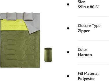 Спальний мішок Oaskys для двох дорослих з подушками – Queen Size XL, водовідштовхуючий, для всіх сезонів, кемпінг, подорожі, 59x86.6 дюймів, оливковий
