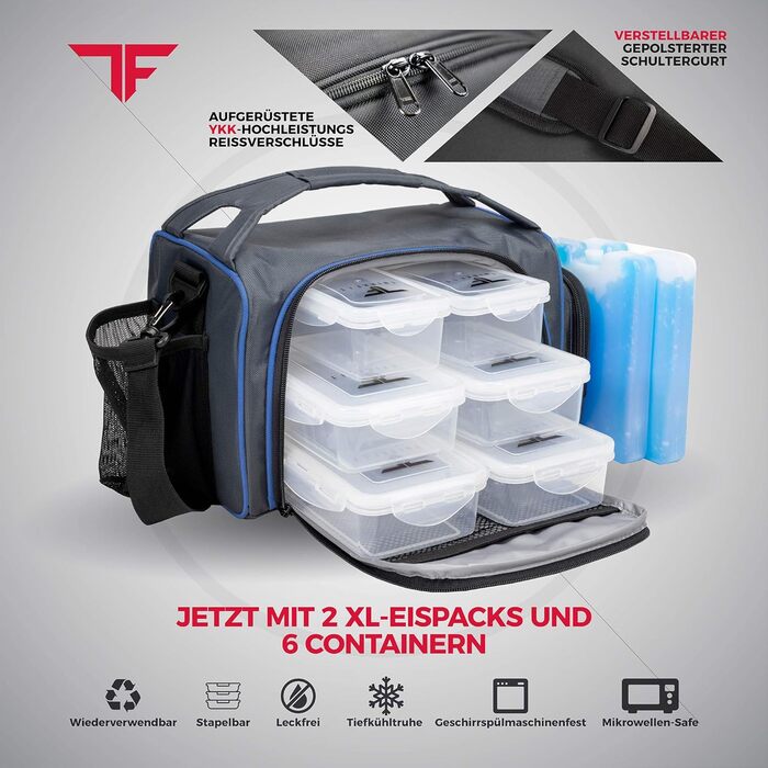Ізотермічна ланч-бокс сумка з 6 контейнерами для їжі, BPA Free, для мікрохвильовки та морозилки, з шейкером, органайзером для пігулок, плечовим ременем і акумуляторами холоду, синя