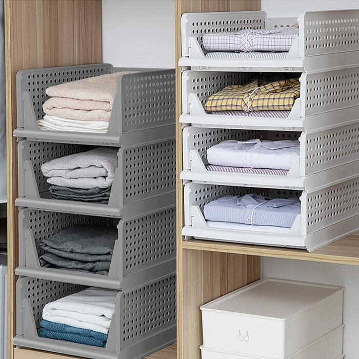 4 Foldable Plastic Storage Boxes Shelf Baskets Closet Storage Boxes Foldable Kitchen Drawer Organizers Stackable Storage Boxes Transport Boxes Closet Containers Cube Pull-Out Drawer - Grey