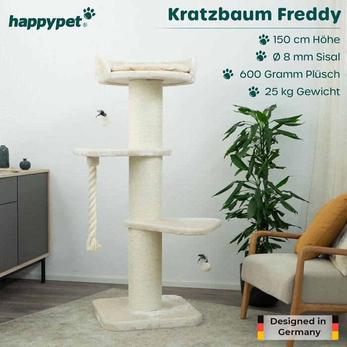 HAPPYPET Преміум Дряпка для котів 'Фредді' – 150 см, велика, для Мейн-куна, з сизалю, товсті стійки (кремовий)