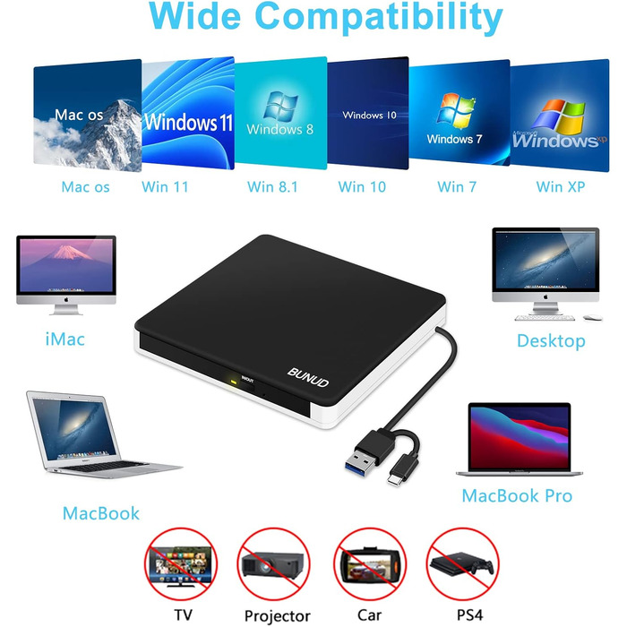Зовнішній CD/DVD привід BU USB 3.0 & Type-C, DVD+/-RW ROM записувач з картридером SD/TF та USB-портами для ноутбука, PC, MacBook, Windows 11/10, macOS (чорний/білий)