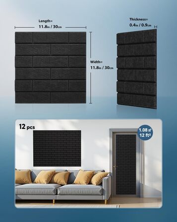 Акустичні панелі Kuchoow самоклеючі звукопоглинаючі плити 30x30x0,9 см, чорні (12 шт) для студії, офісу та звукоізоляції стін