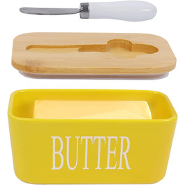 Porcelain butter dish with lid, airtight silicone butter keeper for butter, nuts, cheese, yellow + butter knife