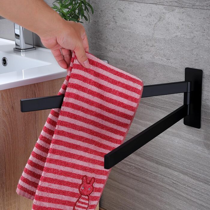 Підвісний тримач для рушників ZUNTO, 2 шт., поворотний 180°, не потребує свердління, нержавіюча сталь 304, для ванної та кухні, сріблястий (матова чорна), 40.8 см