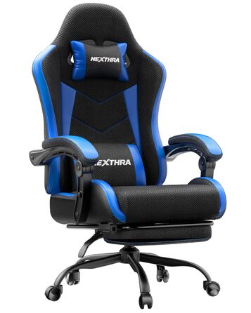 Геймерське крісло Nexthra Ergonomisch з підставкою для ніг, до 180 кг, блакитне. Регульована спинка 150°, для геймінгу та офісу