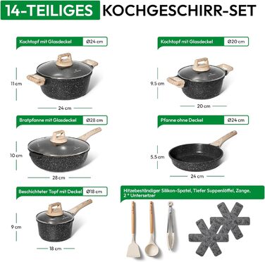 JUST PERFECTO Induction Cookware Set - Frying Pan Set with Lid - 24cm Frying Pan, 28 cm Frying Pan - Cookware Set 28cm Non-Stick Pan without PTFE and PFOA (15-Piece Black)