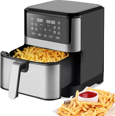 Фритюрниця повітряна XXL 8 літрів | 10-в-1 Airfryer | Розумна фритюрниця | Без олії | Цифровий LED-дисплей | 1500W | Чорний