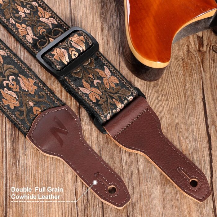 Гітарний ремінь Nefelibata Banjo-Gurt, 5,1 см, повна шкіра з нубуку, вишивка золотими квітами