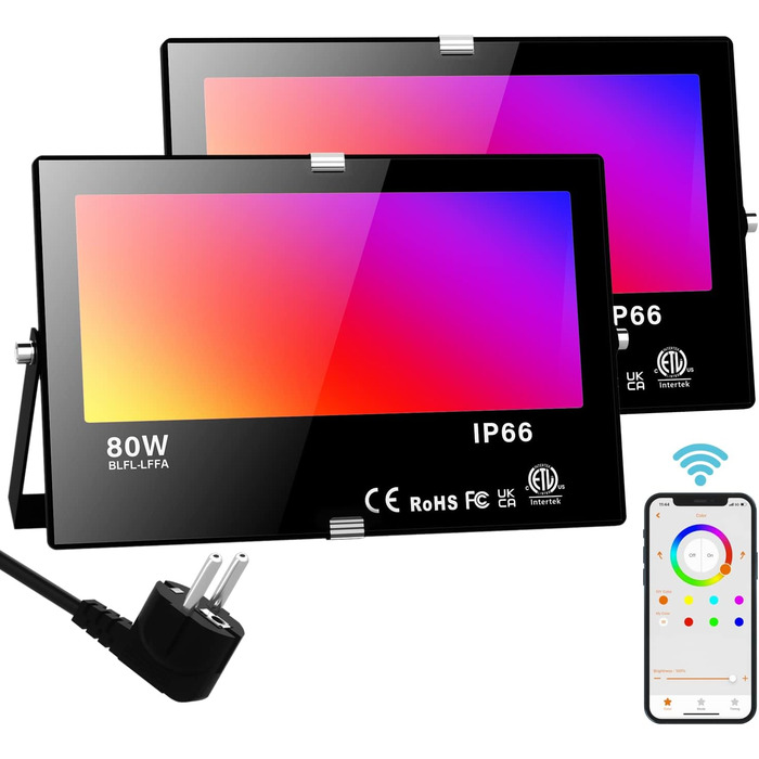 RGB LED Floodlight Outdoor 80W Bluetooth APP Control Floodlight Lighting Outdoor, 2700K & Million Colors Dimmable Smart Floodlight IP66 Waterproof Outdoor Floodlight Floodlight Garden Mood Lighting 2