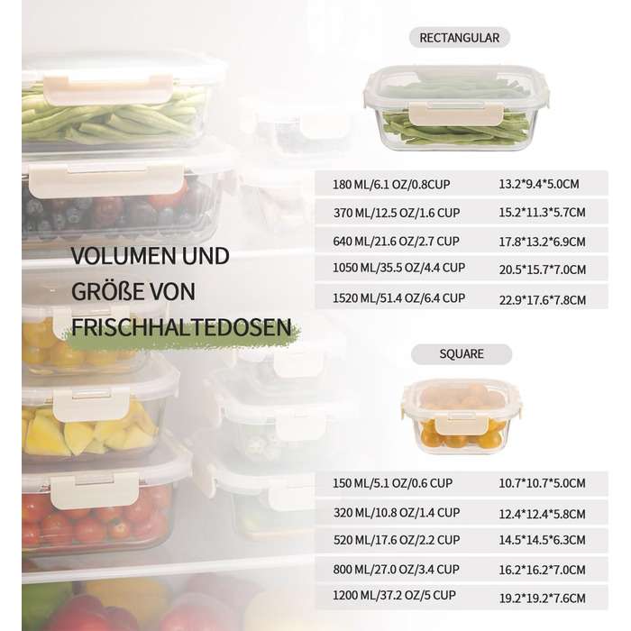 Набір скляних контейнерів для зберігання їжі з кришками з преміум-пластику, 10 шт. - блакитні