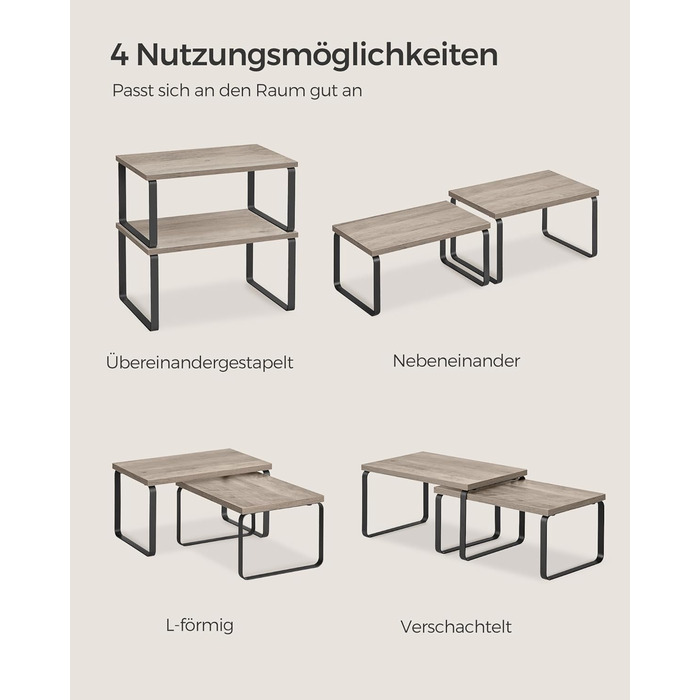 SONGMICS Spice Rack, 4-Piece Set, Kitchen Shelf, Kitchen Organizer, Expandable, Spice Holder, Stackable, with Metal Frame, 19.5 x 29.7 x 15.8 cm, Ink Black-Natural Beige KCS10NB (Ink Black + Greige Melange, 29.7B cm)