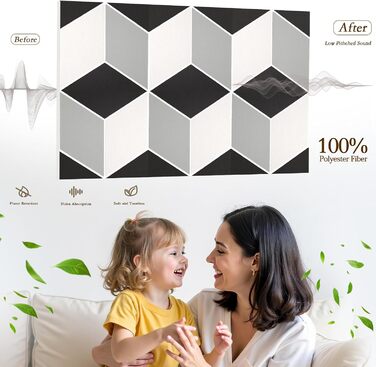 Акустичні панелі JBER для стін самоклеючі, шумопоглинаючі 3D-панелі для студії, офісу та дому, гексагональні (12 шт), 30×30×1 см, чорно-білі