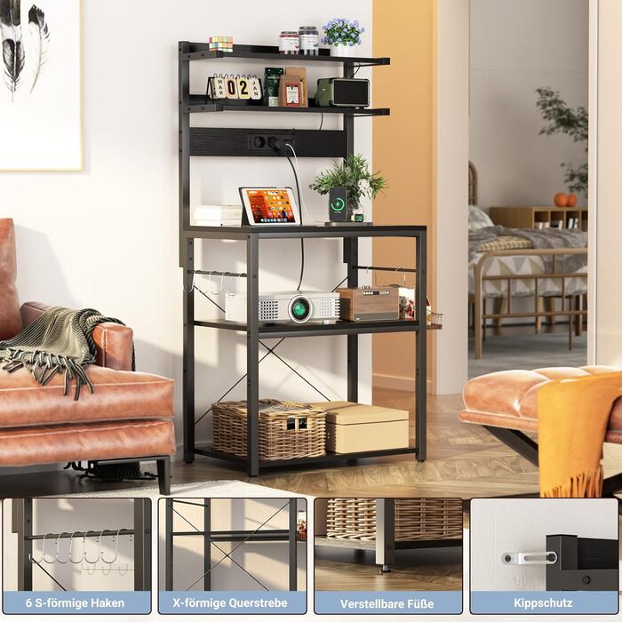 Кухонна полиця-стійка з розеткою, підставка для мікрохвильовки, 5-ярусна кавобар з LED-підсвічуванням, полиця для спецій, каструль та сковорідки (60 см, чорний)