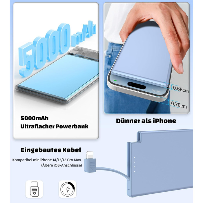 Power Bank Auskang 5000mAh Slim з кабелем для iPhone (до iPhone 14) - блакитний